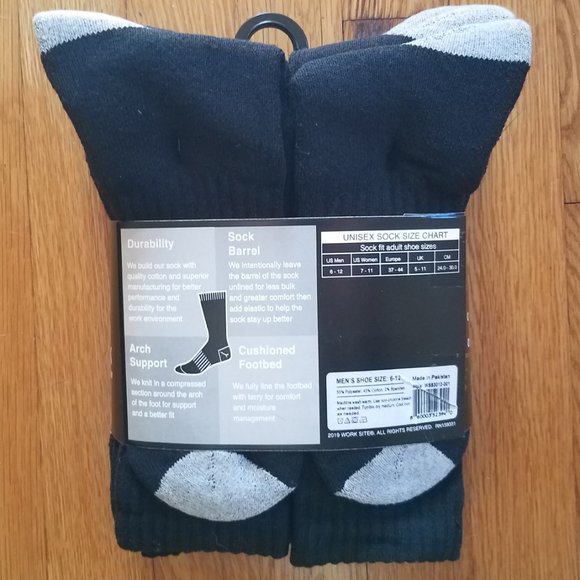 WORKSITE 9 PAIR CREW SOCKS BLACK Arch support  cushion footbed - Picture 2 of 2